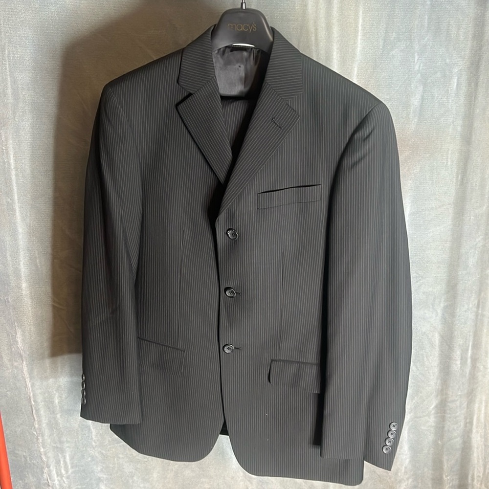 Geoffrey Beene Full Suit Black with White Pinstripes
